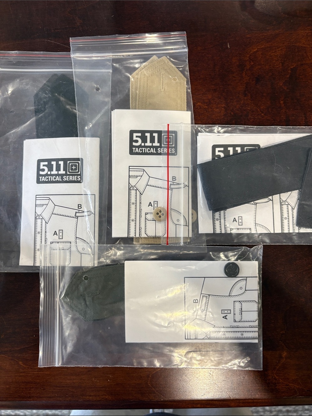 5.11 Tactical Badge Sets for Shirts with 2 in Black, one of each Tan & Green